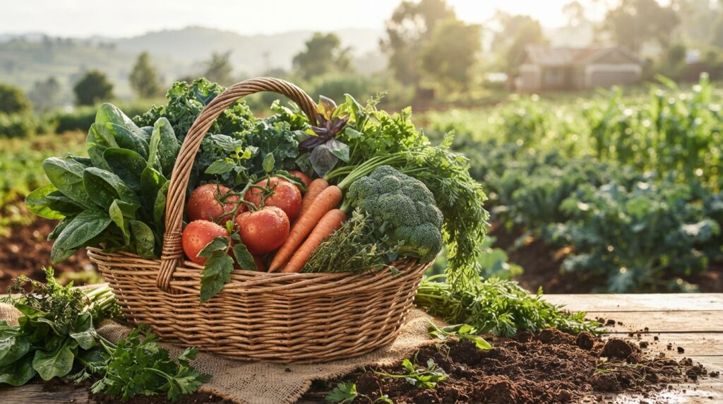 Fresh organic vegetables including spinach, kale, tomatoes, carrots and broccoli arranged in a basket.